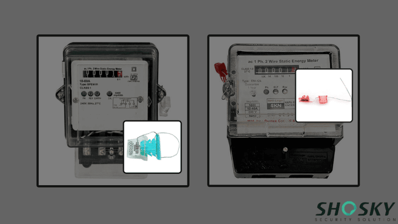 Comparison of meter seal components showing open (unlocked) and securely locked states