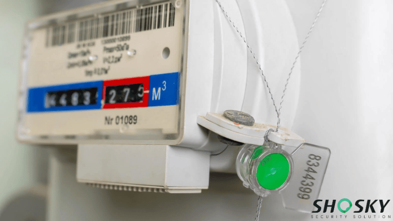 A green meter seal with a serial number secured to a utility meter with wire.