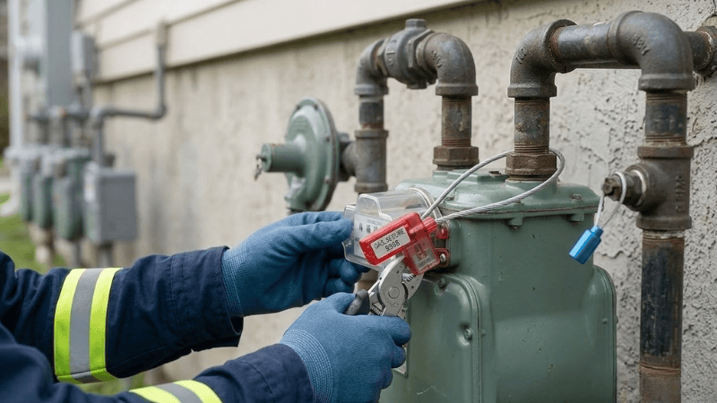 Utility worker installing a red security seal on pipes