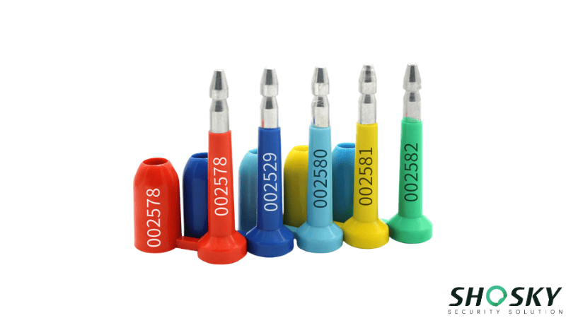 Shosky custom high security bolt seals in different colors and barcodes