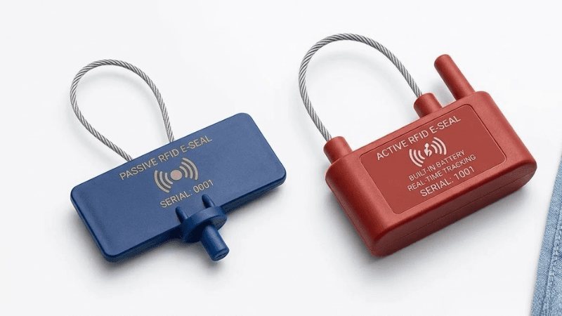Blue passive and red active RFID e-seals on a white background
