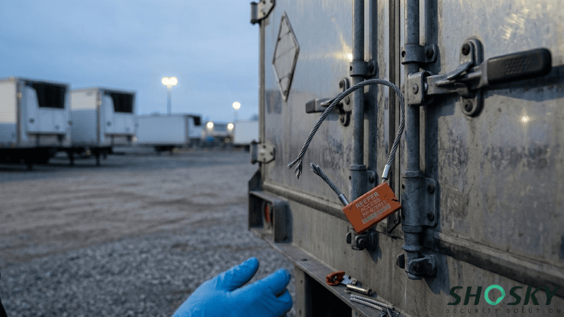 a broken trailer security cable seal on the truck