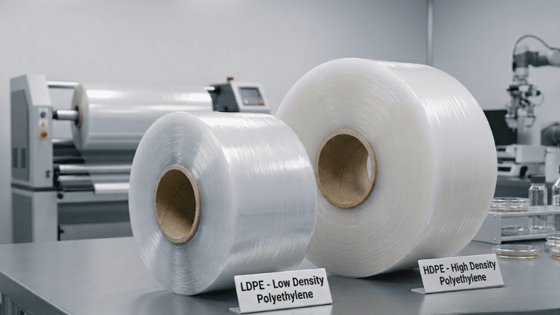LDPE and HDPE rolls displayed with identification labels