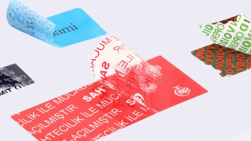 Various types of security labels with different adhesives