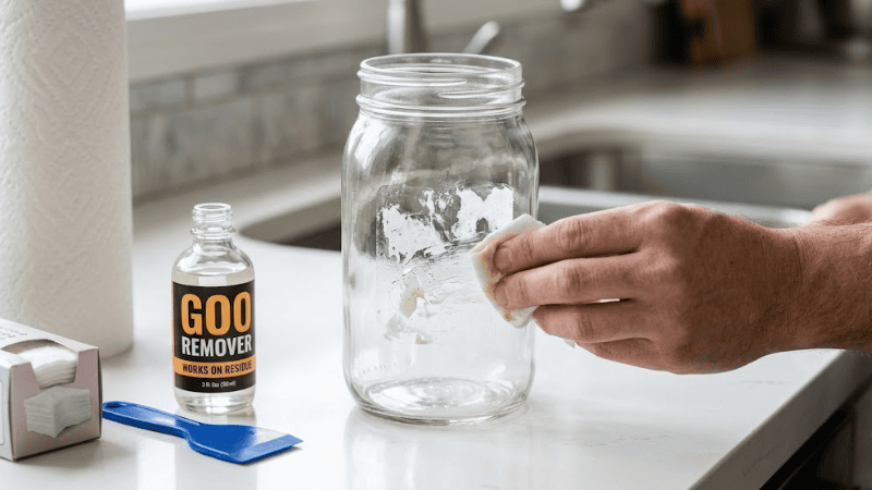 Removing sticker residue from glass jar using adhesive remover.