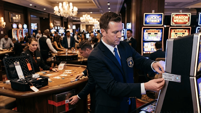 staff applying security label to secure Slot Machines and Drop Boxes