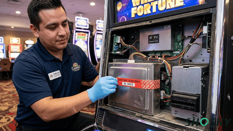 Applying a tamper-evident VOID security seal to a casino slot machine for protection