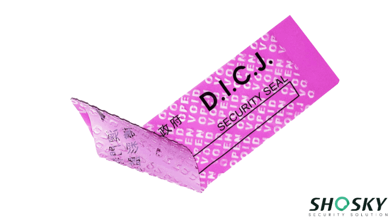 a purple-pink no transfer security label used for Casino Security