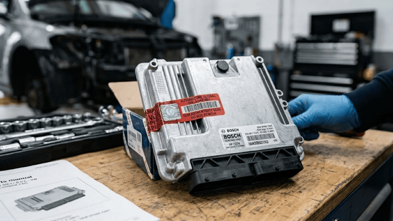 Tamper-evident VOID security seal securing a genuine Bosch engine control unit in a garage