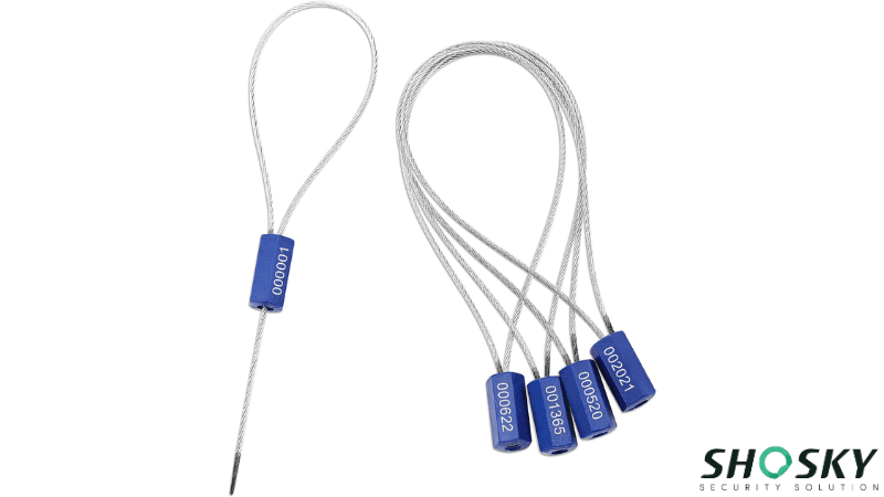 Blue hexagonal cable security seals with steel wire and unique serial numbers.