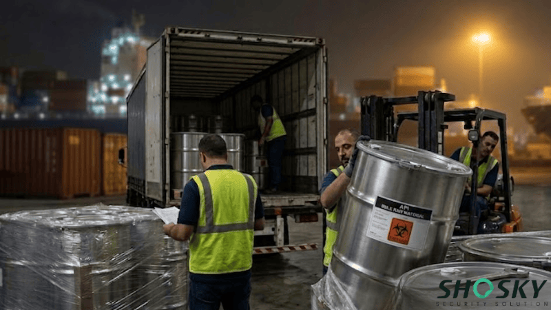 Secure loading of biohazard barrels, preventing unauthorized access to the cargo