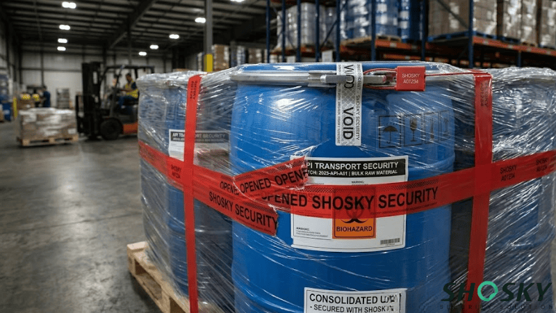 Blue industrial drums on pallet secured with red tamper-evident security tape