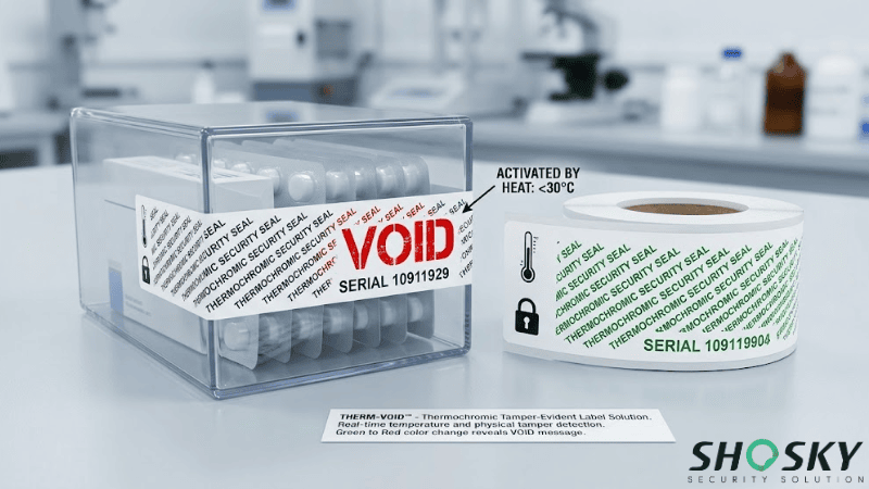 Thermochromic tamper-evident VOID label on a pharmaceutical container showing color change from green to red when activated by heat