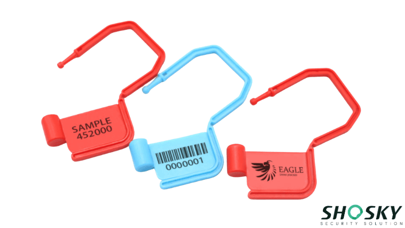 Customized plastic padlock seals in red and blue featuring unique serial numbers, barcodes, and company logos