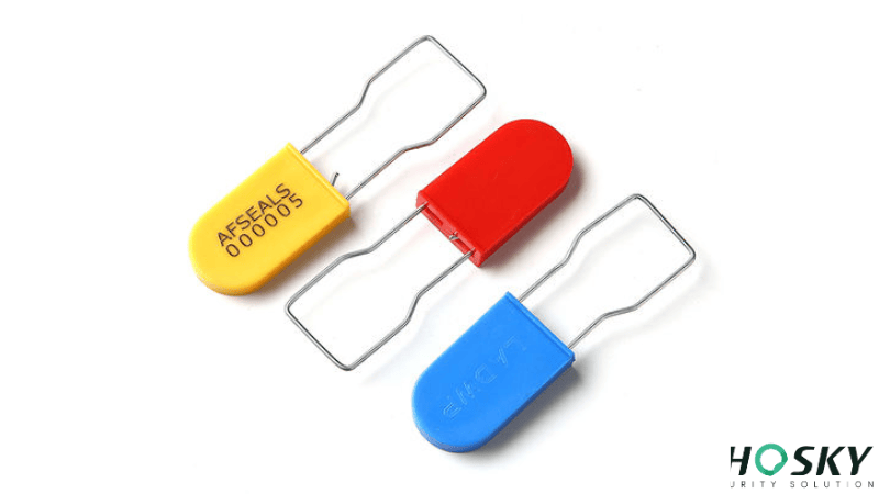 Tamper-evident wire padlock seals in yellow, red, and blue with custom serial numbers for secure utility locking