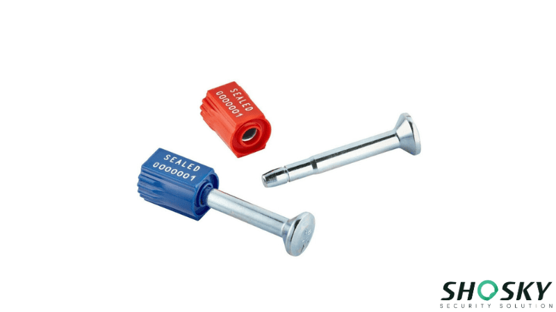 High-security bolt seals in red and blue with unique serial numbers for shipping containers.