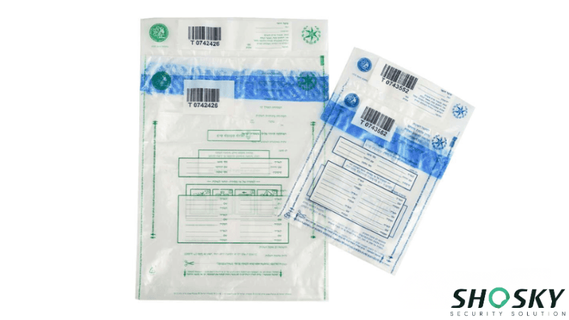 Tamper-evident bank deposit bags for bullion with barcodes and serial numbers.