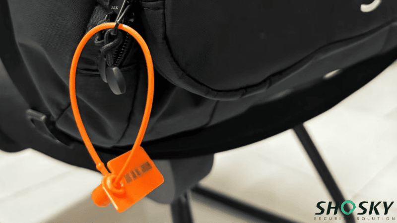 An orange plastic pull-tight security seal attached to the zipper of a black backpack for Return Fraud Prevention