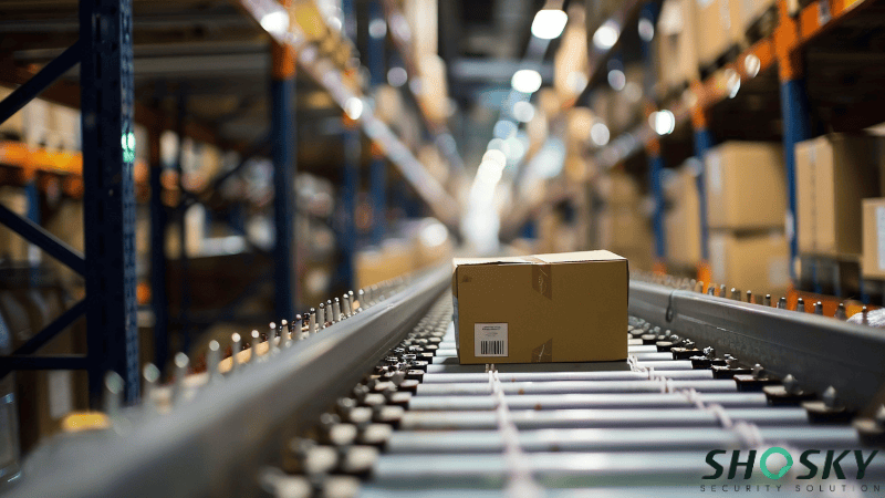 A cardboard box moving along a conveyor belt system in a blurred warehouse facility, representing logistics in the supply chain.