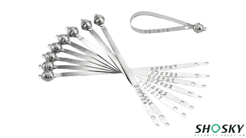 several tamper-evident metal strap seals