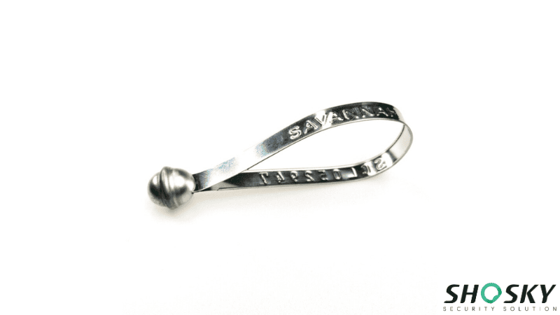 A looped silver metal strap seal stamped with the text "SAVANNAH" and a serial number, featuring a round locking head.