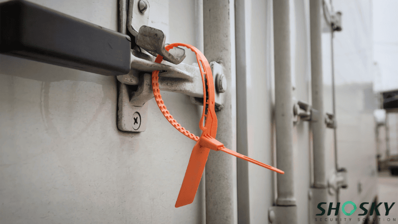 An orange plastic seal wrapped and locked through the door handle mechanism of a white shipping container or cargo truck.