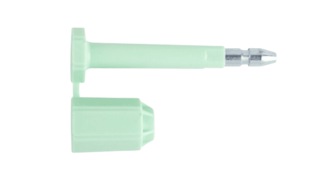 The right side of the green ISO 17712 high security bolt seal