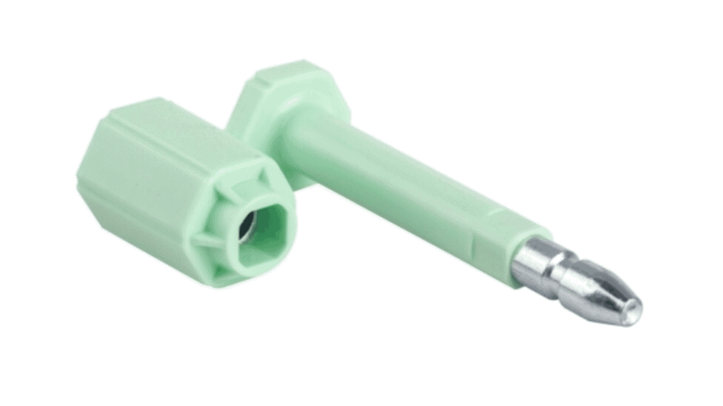 The slanted side of the green ISO 17712 high security bolt seal