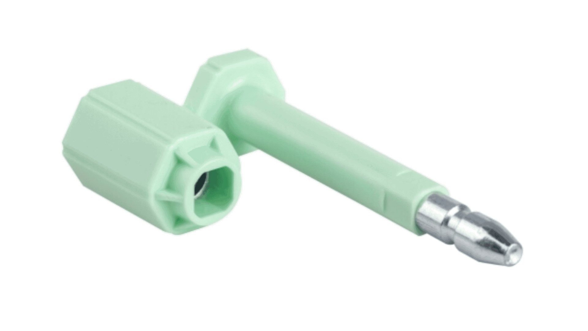 The slanted side of the green ISO 17712 high security bolt seal