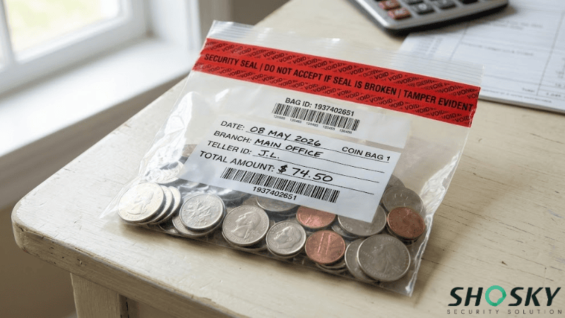 a plastic transparent security coin bag with coins inside the bag