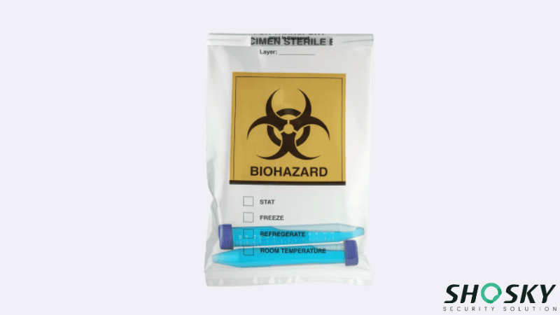 A clear pharmaceutical sample bag containing two blue specimen collection tubes, featuring a prominent yellow and black BIOHAZARD warning symbol and check boxes for storage instructions.