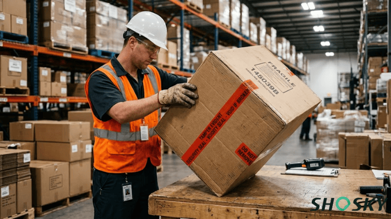 Worker pauses the driver and secure the carton to seal fragile shipment box in warehouse
