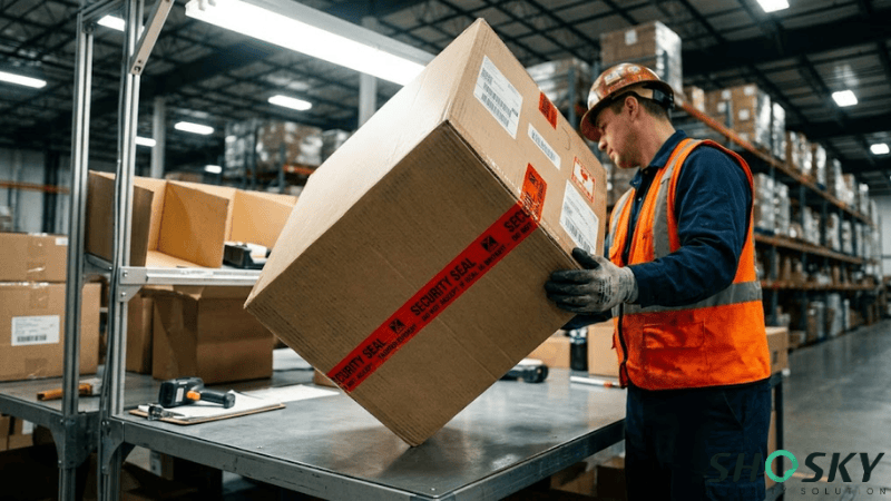 Warehouse worker execute the forty-five degree bottom tilt on sealed carton