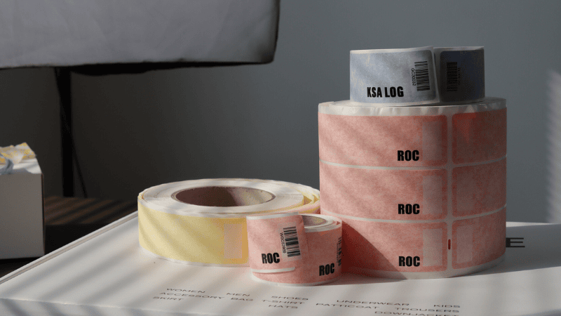 several paper tamper evident material rolls in different colors putting on a table