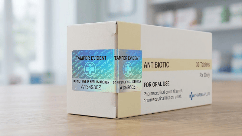 a medicine box sealed by a tamper evident sticker putting on a table