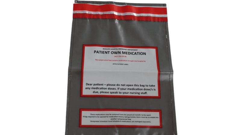 A opaque tamper-evident medication pouch labeled "PATIENT OWN MEDICATION", serving as patient privacy security bags for hospital use.