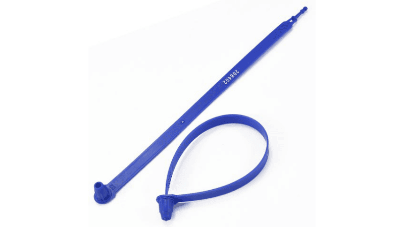 Blue fixed-length plastic seals shown straight and looped with locking mechanism for tamper-evident security.