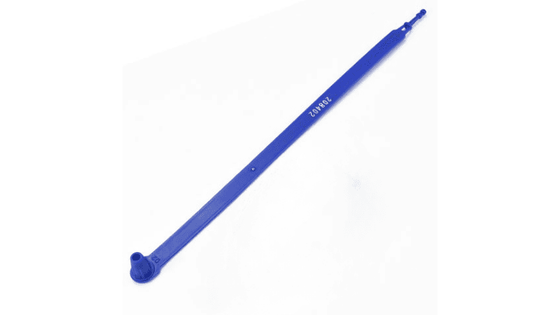A single blue fixed-length plastic security seal with a printed serial number laid out flat against a white background.