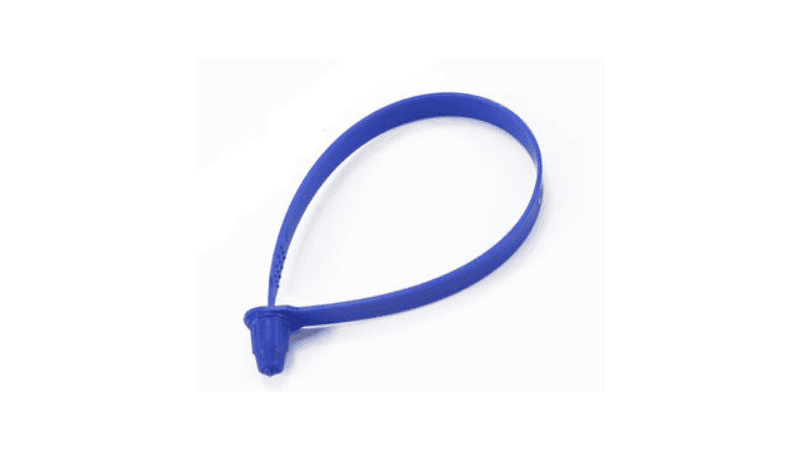 A single blue fixed-length plastic security seal snapped into a locked loop position on a white background.
