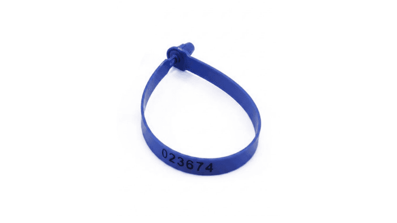 A blue fixed-length plastic security seal looped closed, displaying a unique printed serial number on its surface.