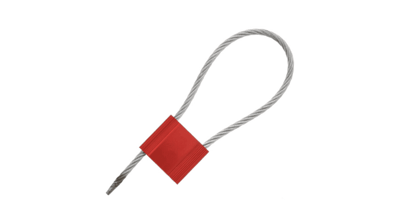 A single red adjustable security cable seal looped closed with its steel wire cable