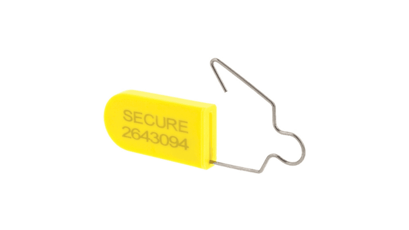 Yellow wire padlock seal in an open position showing a printed serial number