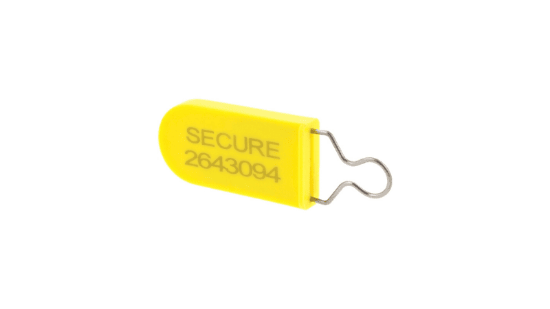 Yellow wire padlock seal in a closed, locked position with a printed serial number