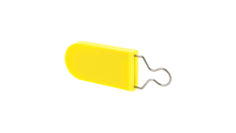 the back of a yellow wire padlock seal in a closed, locked position with a printed serial number