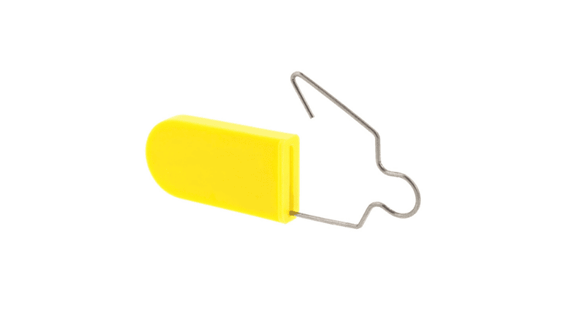 the back of a yellow wire padlock seal in an open position showing a printed serial number