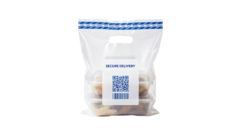 A clear plastic takeout bag sealed with a blue tamper-evident void tape top, featuring a "SECURE DELIVERY" label with a QR code and barcode to ensure food delivery security.