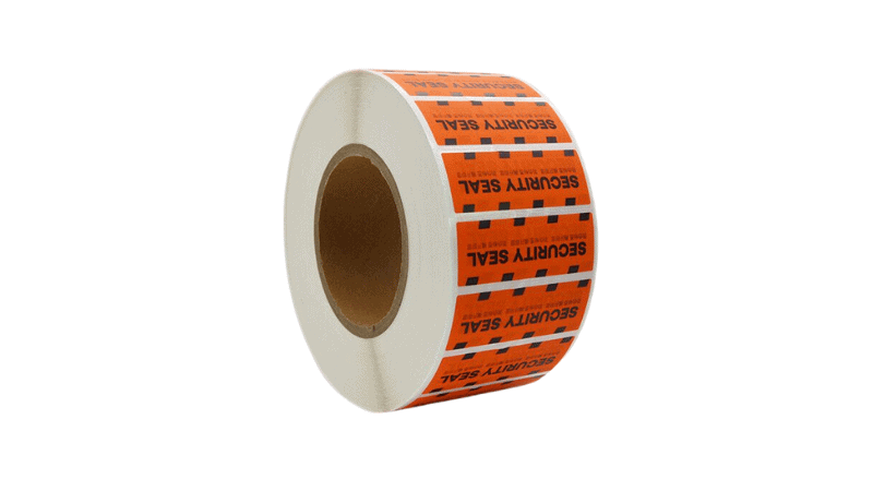 A roll of orange tamper proof sticker labels printed with "SECURITY SEAL" on a clean white background.