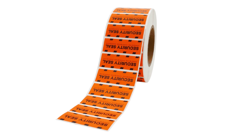 An unrolled roll of orange tamper proof sticker labels printed with "SECURITY SEAL" on a plain white background.
