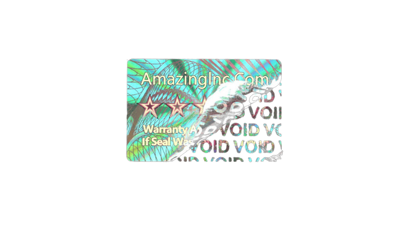 A rectangular 3D holographic anti-counterfeit label peeled back to reveal a silver "VOID" pattern underneath, showing tamper-evident protection.