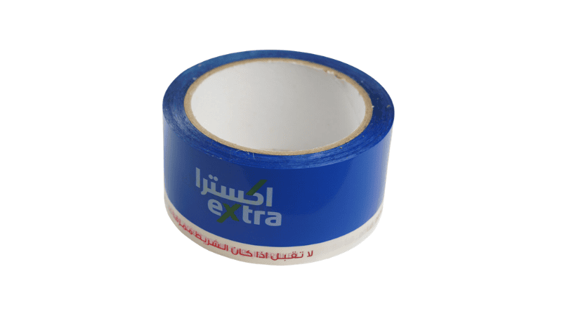 A roll of blue extreme temperature tamper-evident tape printed with "extra" branding and Arabic security warning text